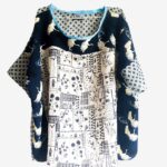Tunique large, oversize, T-shirt large motif japonais grues bleu marine, blanc et jaune, beige et noir. Joli imprimé à motifs géométriques seventies, tunique large esprit kimono, vêtement de créateur. mode artisanale Pièces unique et artisanale, maela créations, Audierne, Finistère, Bretagne.