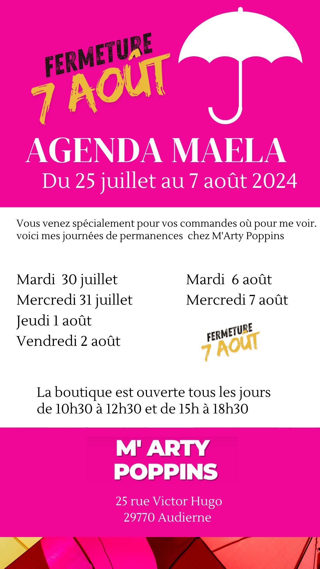 agenda été 2024des permanence de Maela à la boutique de créateurs M'arty Poppins à Audierne