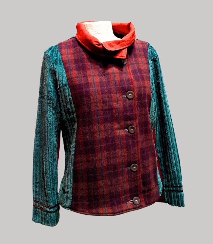 veste colorée en laine, modèle Adèle Bordeaux, Turquoise, Rouille. Fabrication artisanale à Audierne, Finistère Bretagne.