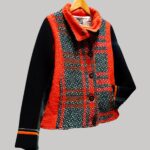 veste colorée en laine, modèle Adèle Bleu Marine, Orange, Turquoise. Fabrication artisanale à Audierne, Finistère Bretagne.