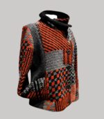 veste colorée en laine, modèle Adèle Gris, Orange et Noir. Fabrication artisanale à Audierne, Finistère Bretagne.