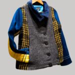 veste colorée en laine, modèle Adèle Jaune Écossais et Bleu Marine. Fabrication artisanale à Audierne, Finistère Bretagne.
