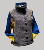 veste colorée en laine, modèle Adèle Jaune Écossais et Bleu Marine. Fabrication artisanale à Audierne, Finistère Bretagne.