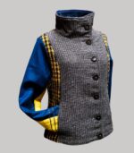 veste colorée en laine, modèle Adèle Jaune Écossais et Bleu Marine. Fabrication artisanale à Audierne, Finistère Bretagne.