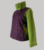 veste colorée en laine, modèle Adèle vert anis et violet. Fabrication artisanale à Audierne, Finistère Bretagne.