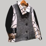 veste en laine, modèle Adèle, Noir et Blanc, motif vichy et graphique. Fabrication artisanale à Audierne, Finistère Bretagne.