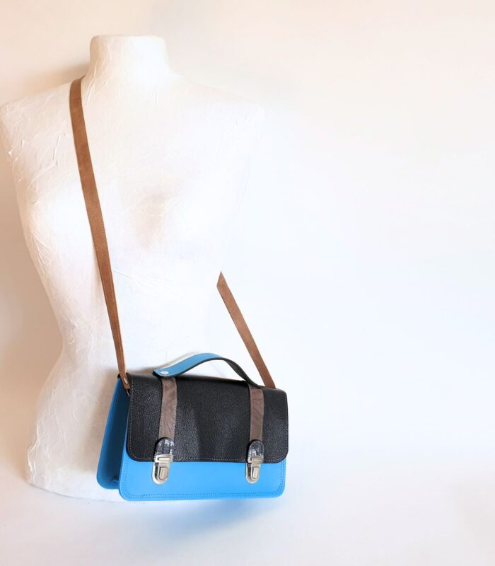 Sac bandoulière artisanal, cartable bandoulière, bleu, noir et gris