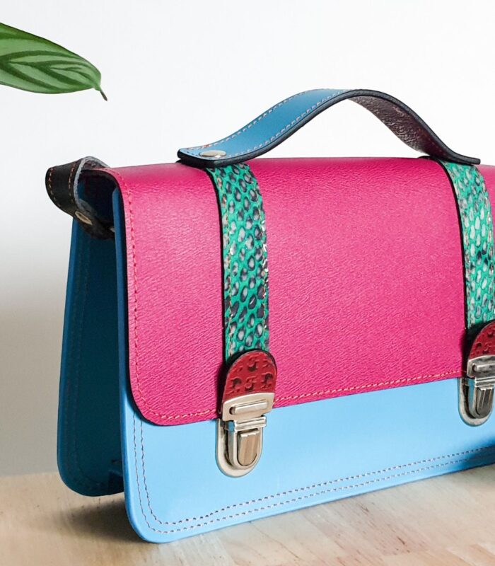 Sac cartable bandoulière, bleu, rose et vert