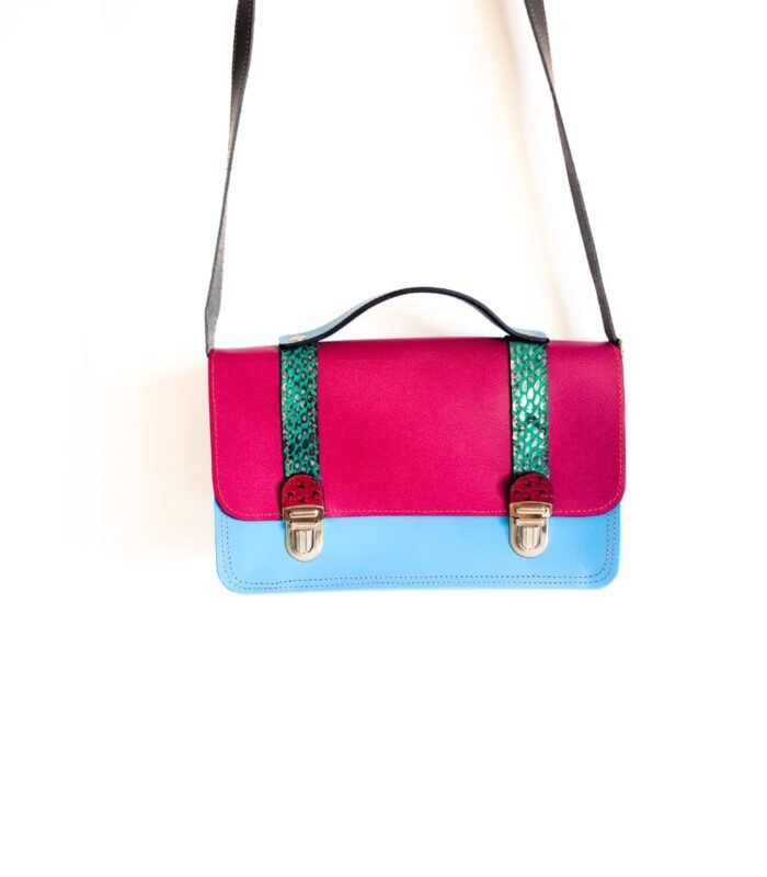 Sac cartable bandoulière, bleu, rose et vert