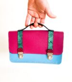 Sac cartable bandoulière, bleu, rose et vert