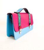 Sac cartable bandoulière, bleu, rose et vert