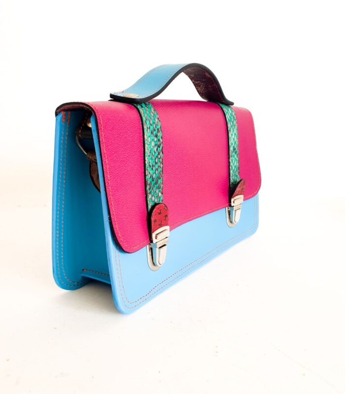 Sac cartable bandoulière, bleu, rose et vert