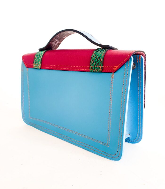 Sac cartable bandoulière, bleu, rose et vert