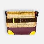 Petit sac à bandoulière, sac artisanal modèle ito en cuir violet, prune, ver anis et croco kaki de Maela créations, créatrice de mode et maroquinerie à Audierne(29)