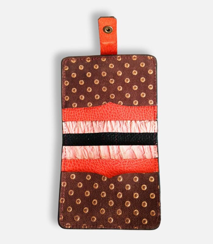 Porte-cartes en cuir kaki et orange, porte-carte original, porte-carte compact, porte carte artisanal, maroquinerie fait main à Audierne (29)