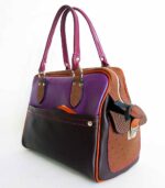 Grand sac artisanal en cuir violet chocolat et camel. Maroquinerie colorée et originale, piece unique fabriquée main à Audierne en bretagne.