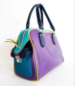 Grand sac en cuir multicolor : violet, rose, turqoiseet jaune. Sac artisanal en cuir. Maroquinerie colorée et originale, artisanat d'art, pièce unique fabriquée main à Audierne en Bretagne.