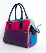 Grand sac en cuir multicolor : violet, rose, turqoiseet jaune. Sac artisanal en cuir. Maroquinerie colorée et originale, artisanat d'art, pièce unique fabriquée main à Audierne en Bretagne.