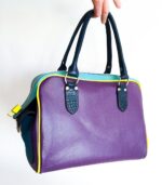 Grand sac en cuir multicolor : violet, rose, turqoiseet jaune. Sac artisanal en cuir. Maroquinerie colorée et originale, artisanat d'art, pièce unique fabriquée main à Audierne en Bretagne.