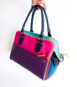 Grand sac en cuir multicolor : violet, rose, turqoiseet jaune. Sac artisanal en cuir. Maroquinerie colorée et originale, artisanat d'art, pièce unique fabriquée main à Audierne en Bretagne.