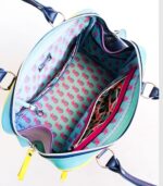 Grand sac en cuir multicolor : violet, rose, turqoiseet jaune. Sac artisanal en cuir. Maroquinerie colorée et originale, artisanat d'art, pièce unique fabriquée main à Audierne en Bretagne.